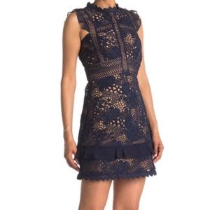 REISS Lena Crocket Lace Contrast Fitted Sleeveless Mini Dress, Navy